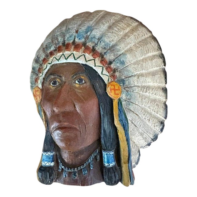1930s Hand Carved & Painted Wood Indian Chief Plaque For Sale