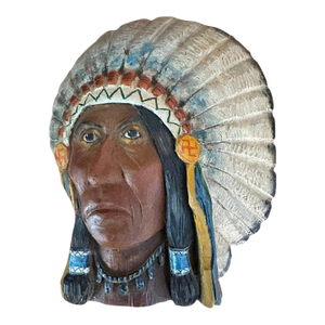 1930s Hand Carved & Painted Wood Indian Chief Plaque