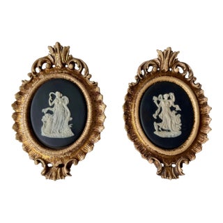 Vintage Limoges France Cameo Pair of Art Plaques Carved Gilt Wood Oval Frames Mid-Century Decor For Sale