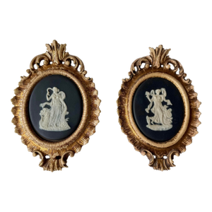 Vintage Limoges France Cameo Pair of Art Plaques Carved Gilt Wood Oval Frames Mid-Century Decor