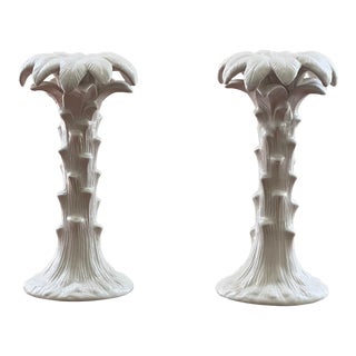 Mid 20th Century Italian Porcelain Palm Tree Candle Holder— a Pair For Sale