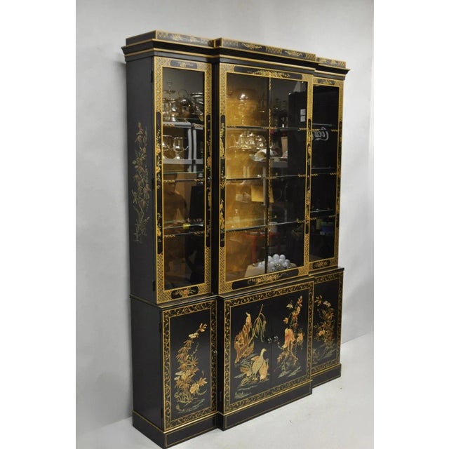 Drexel Et Cetera Chinoiserie Black Lacquer Decorated Breakfront China Cabinet For Sale - Image 12 of 12