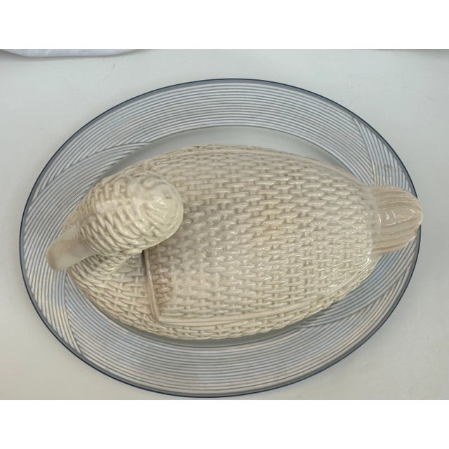 Cottage Chic White Wicker Ceramic Goose Tureen With Lid For Sale - Image 10 of 12