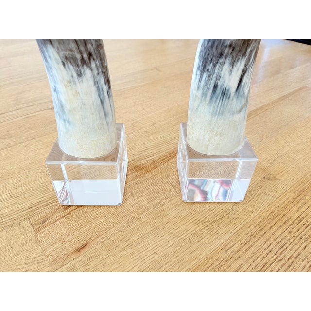 Mid-Century Modern Large Vintage Steer Horns Mounted on Lucite Bases- a Pair For Sale - Image 3 of 5