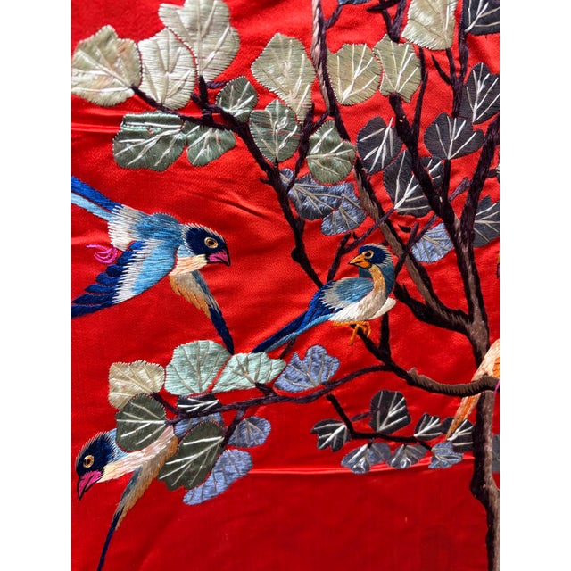 Vintage Large Chinese Red Silk Hand-Embroidered Deer & Pine Tree Longevity Tapestry - 7' X 3' For Sale - Image 4 of 10