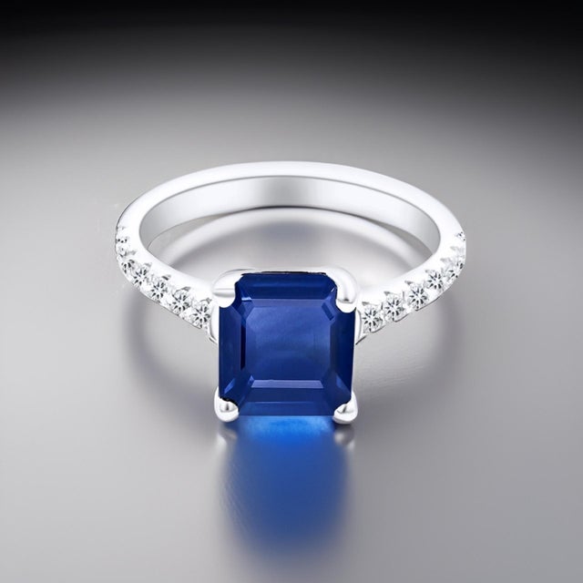 Traditional Natural Sapphire Diamond Ring 14k W Gold 3.18 TCW Certified, , Size 7 For Sale - Image 3 of 18