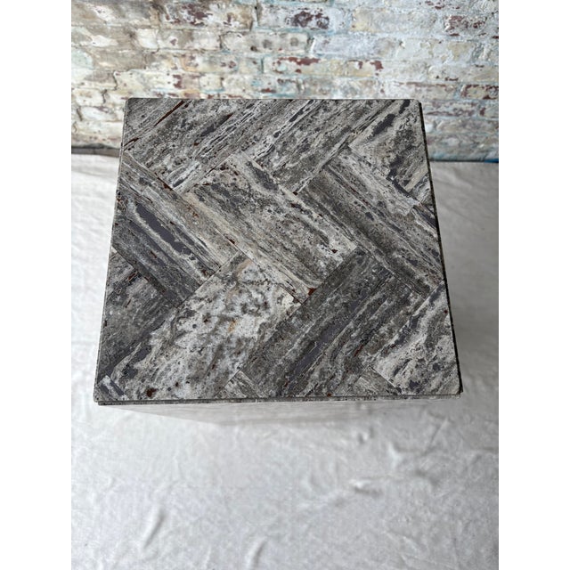 Stone Gray Gray Stone Herringbone Pedestal With Sculptural Geometric Inlay For Sale - Image 8 of 9