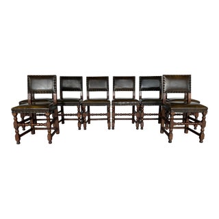 Vintage Spanish Hand Carved Leather Dining Chairs - Set of 8 For Sale