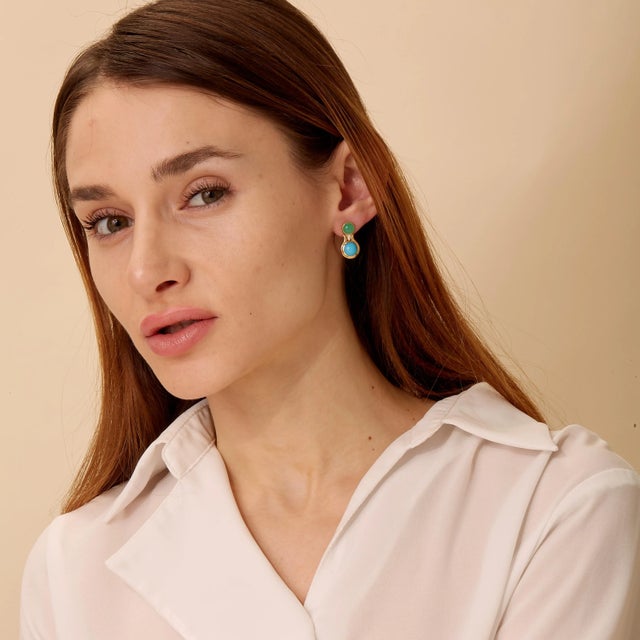 Contemporary Syna Yellow Gold Chrysoprase and Turquoise Earrings with Diamonds, a Pair For Sale - Image 3 of 4