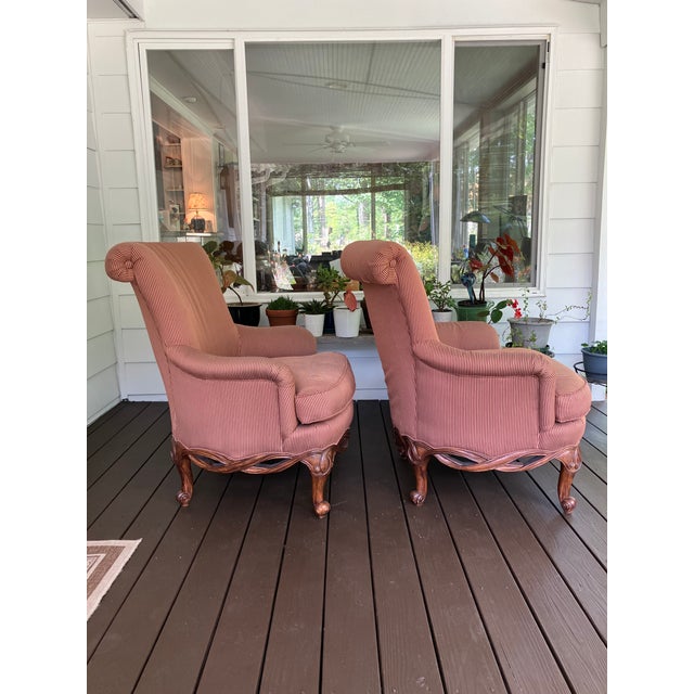 English Henredon Upholstered English Arm Carved Base Club Chairs- A Pair For Sale - Image 3 of 17