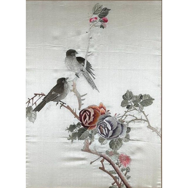 Wood Vintage Framed Chinese Silk Embroidery Panels Birds and Flowers Huaniao Art Pair For Sale - Image 7 of 11