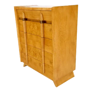 Cedar Drawer W/ Lid Mid-Century Modern Burl High Chest Dresser Sculptured Pulls