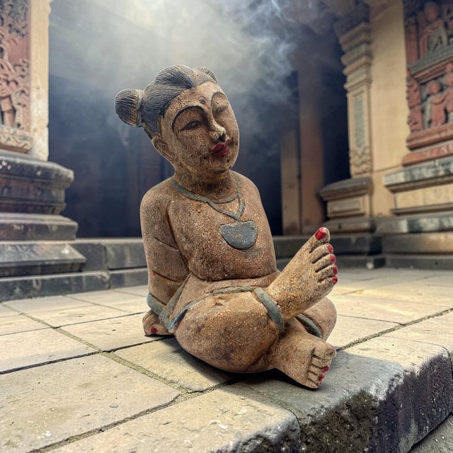 Folk Art Hand Carved Asian Seated Girl Wood Sculpture 13.5" For Sale - Image 3 of 11