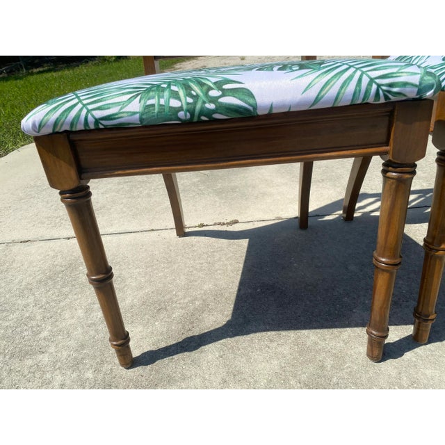 Mid-Century Boho Faux Bamboo Walnut Dining Chairs With Tropical Palm and Monstera Print- Set of 4 For Sale In West Palm - Image 6 of 10