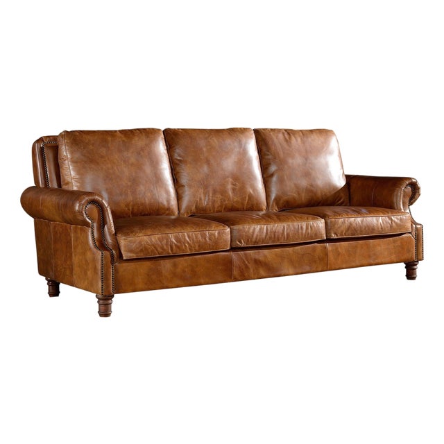 English Rolled Arm Sofa - Light Brown Leather For Sale