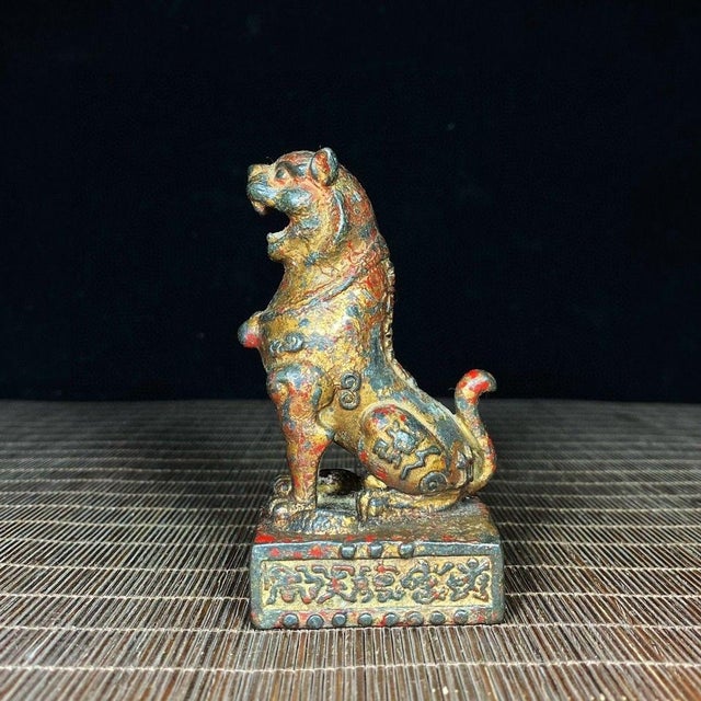 Chinese Vintage Gilt Bronze Tiger Seal - Bagua Protection Charm For Sale - Image 3 of 9