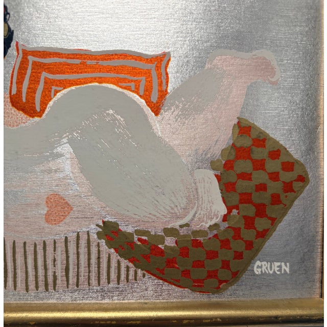 Original Mid-Century Modern Chuck Gruen Painting of Reclining Lady on Silver Foil, Framed and Signed For Sale In Palm Springs - Image 6 of 9