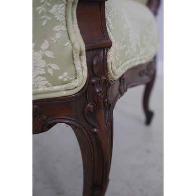 Vintage Walnut Rococo Parlor Settee W. Damask Upholstery For Sale - Image 17 of 18