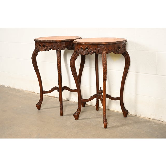 Romweber Romweber Style French Provincial Louis XV Carved Walnut and Satinwood Inlaid Marquetry Side Tables, Pair For Sale - Image 4 of 12