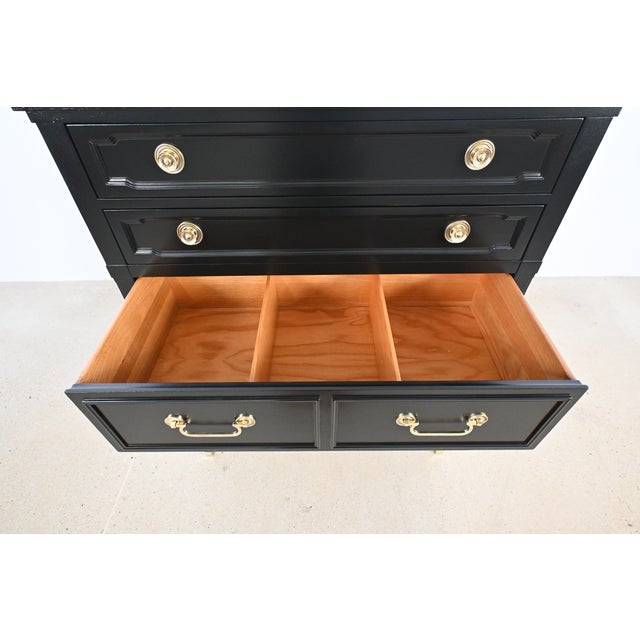 French Louis XVI Style Black Lacquered Highboy With Brass Hardware | Newly Refinished For Sale - Image 10 of 18