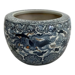 Large 20" Vintage Japanese Blue & White Porcelain Phoenix Jardinière - Signed For Sale