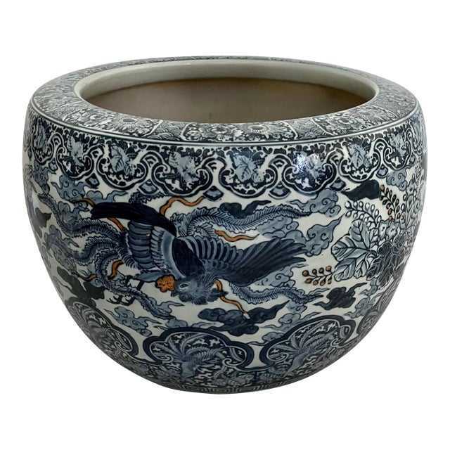 Large 20" Vintage Japanese Blue & White Porcelain Phoenix Jardinière - Signed For Sale