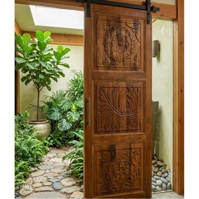 Wood Rustic Modern Floral Carved Wooden Entry Door Panels 80x30 For Sale - Image 7 of 10