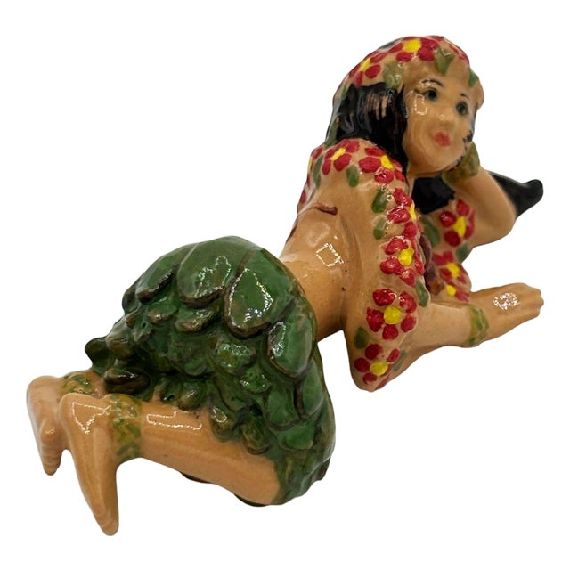 Mid 20th Century Aloha Laying Hula Girl Ceramic Figurine W/ Red Flowers & Skirt For Sale