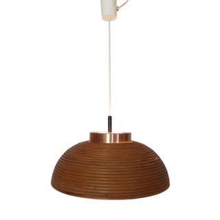 Mid-Century Scandinavian Modern Pendant Lamp Made of Rattan, Opal Glass and Copper, 1960s For Sale