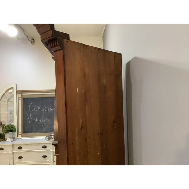 Wood Antique Corner Cabinet Burled Wood Painted Interior 2 Pce Fluted Column Arched For Sale - Image 7 of 13