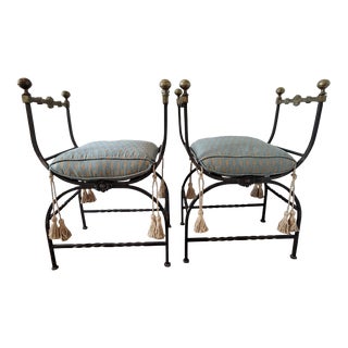Pair of Antique Italian Iron Benches With Taselled Fortuny Cushions For Sale