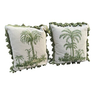 Vintage Palm Tree Needlepoint Velvet Backed Pillows- a Pair For Sale