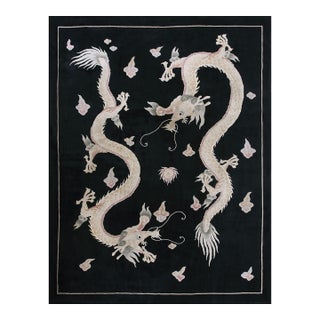 1980s Black Dragon Vintage Chinese Peking Rug 9'x 12' Handknotted Wool Carpet For Sale