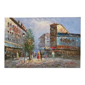 Parisian Street Scene Oil on Canvas Painting, Signed Burnett