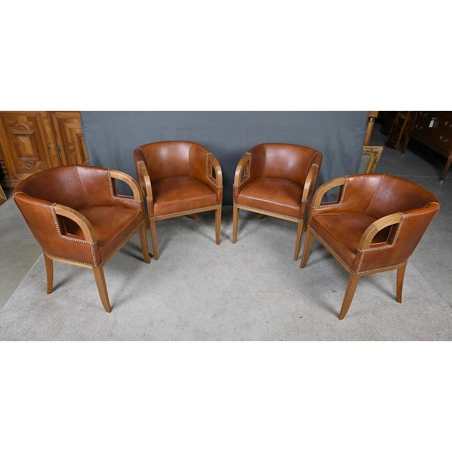 Vintage Art Deco Chairs in Walnut and Leather, 1940, Set of 4 For Sale - Image 3 of 18
