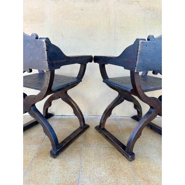 Spanish Renaissance Revival Carved Savonarola Chairs, 1920, Set of 2 For Sale - Image 10 of 11
