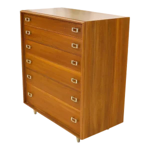 Restored Six Drawers Paul Frankl American Walnut Solid Brass Buckle Shaped Pulls