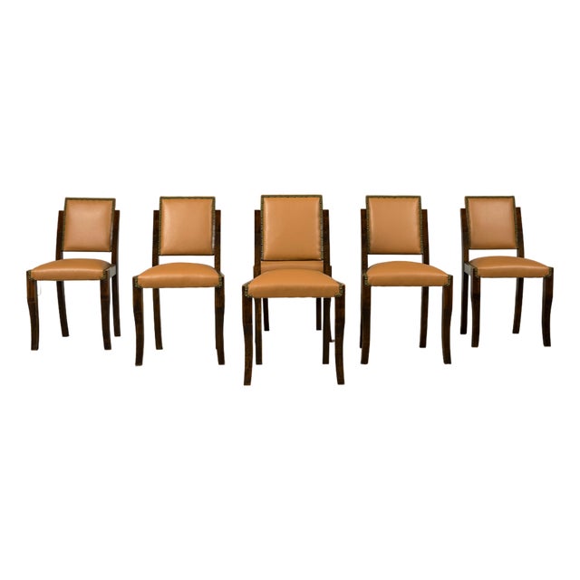 Set of 6 1930s French Art Deco Maple Dining Chairs in Tan Leather For Sale