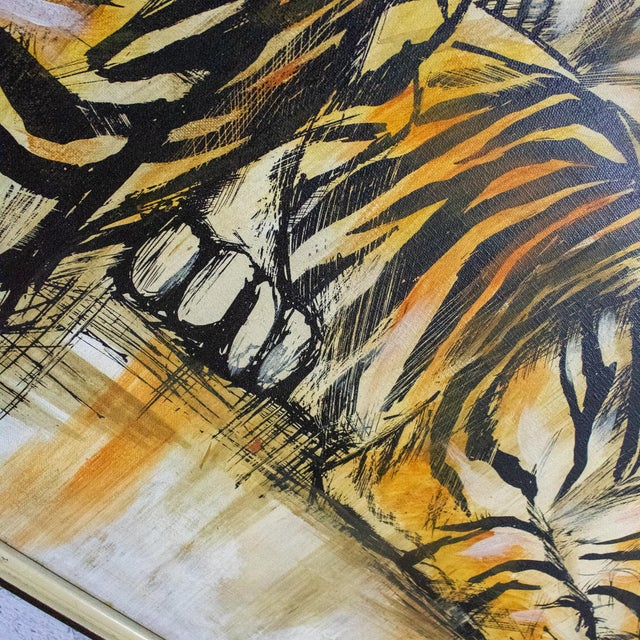 Mid-20th Century Mid-Century Modern Large Resting Tiger Canvas Painting by Pettersen Black and Gold Frame For Sale - Image 11 of 18