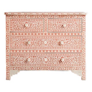 Arabesque Bone Inlay Four-Drawer Chest – Coral Pink by House of Jaipur For Sale