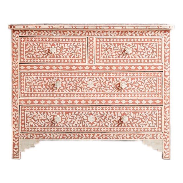 Arabesque Bone Inlay Four-Drawer Chest – Coral Pink by House of Jaipur For Sale
