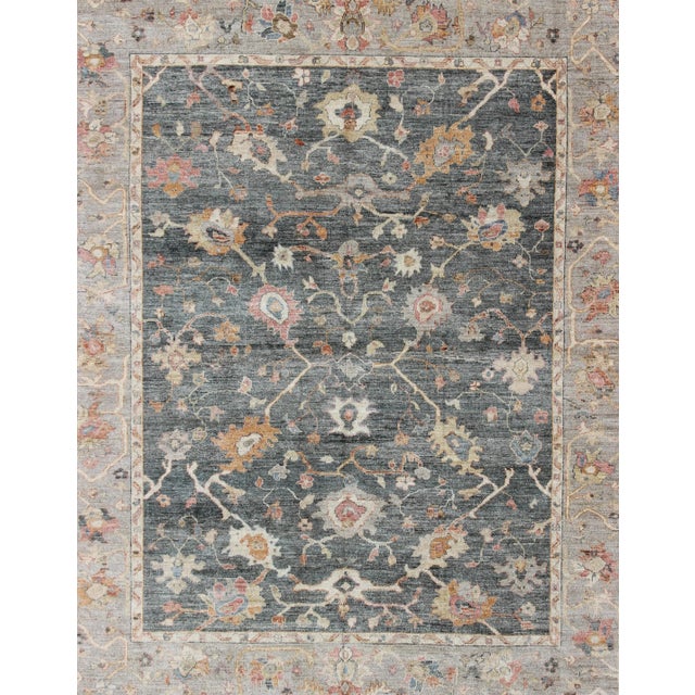 Keivan Woven Arts Angora Turkish Oushak Rug in Dark Green, Silver Gray, Orange, and Hints of Pink For Sale - Image 9 of 10