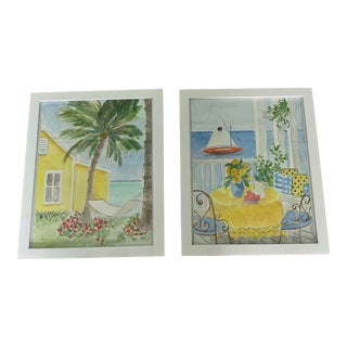 Contemporary Tropical Watercolor Paintings, Framed - a Pair For Sale