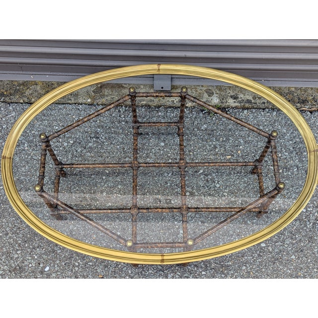 Baker Attributed Oval Faux Bamboo Brass and Glass Coffee Table, C. 1970s For Sale In San Francisco - Image 6 of 9