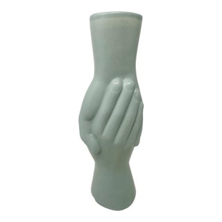 1980s Postmodern 12.25" Clasped Hands Ceramic Sculptural Column Vase in Sage Celadon For Sale