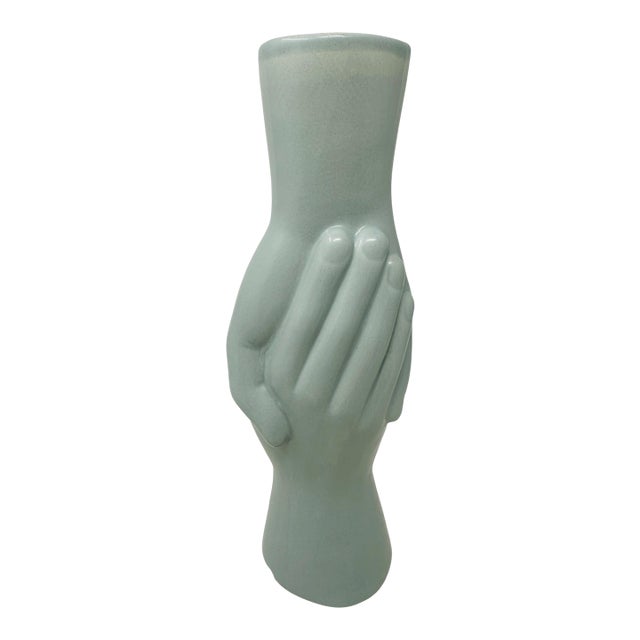 1980s Postmodern 12.25" Clasped Hands Ceramic Sculptural Column Vase in Sage Celadon For Sale