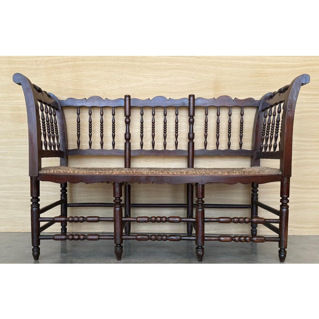 20th Century Catalan Bench in Solid Walnut with Caned Seat, Three Seats For Sale - Image 17 of 18