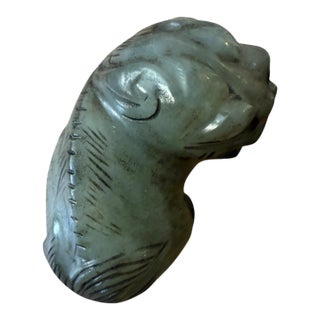 Late 19th Century Spinach Jade Sculpture of a Guardian Lion. For Sale