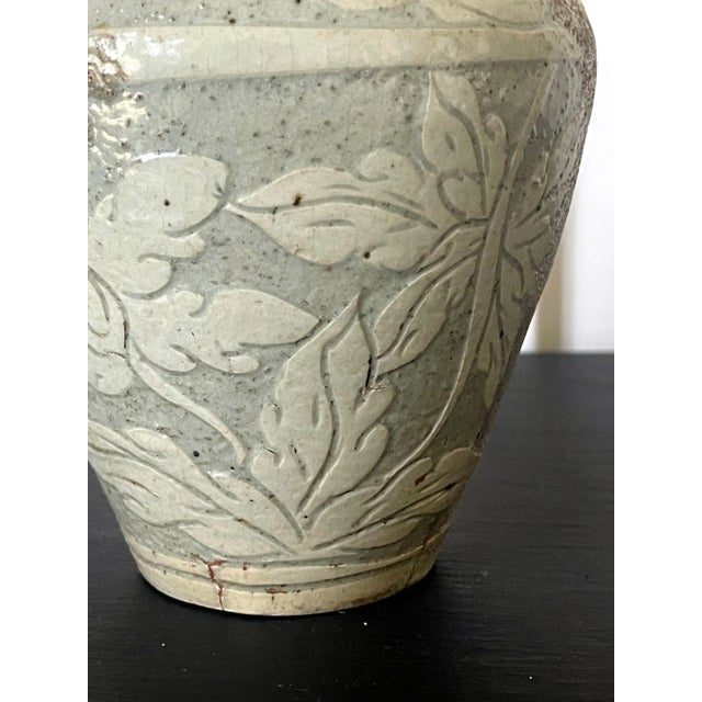 Asian Antique Korean Buncheong Incised Design Ceramic Vase For Sale - Image 3 of 13