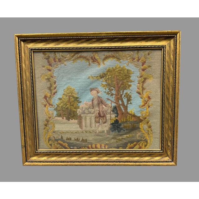 Early 20th Century Antique Victorian Gilt Framed Scenic Landscape Needlepoint Tapestry With Boy For Sale - Image 5 of 8